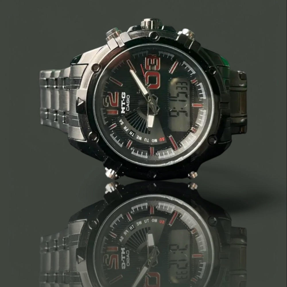 Casio MT-G Black and Red Men's Analog-Digital Stainless Steel Watch